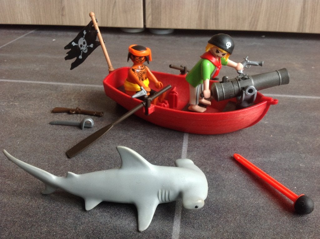 Playmobil 5137: Piraten roeiboot, haai en kanon - Compleet, Ophalen of Verzenden, Zo goed als nieuw