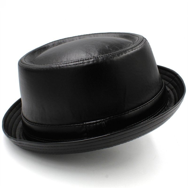 Zwarte leren pork pie hoed / heren dames jazz bowler, Verzenden, Nieuw, Hoed