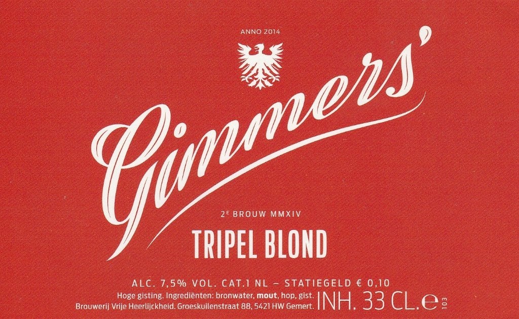 bieretiket Nederland Vrije Heerlijckheid : Gimmer's tripel, Verzenden, Nieuw, Overige typen, Overige merken