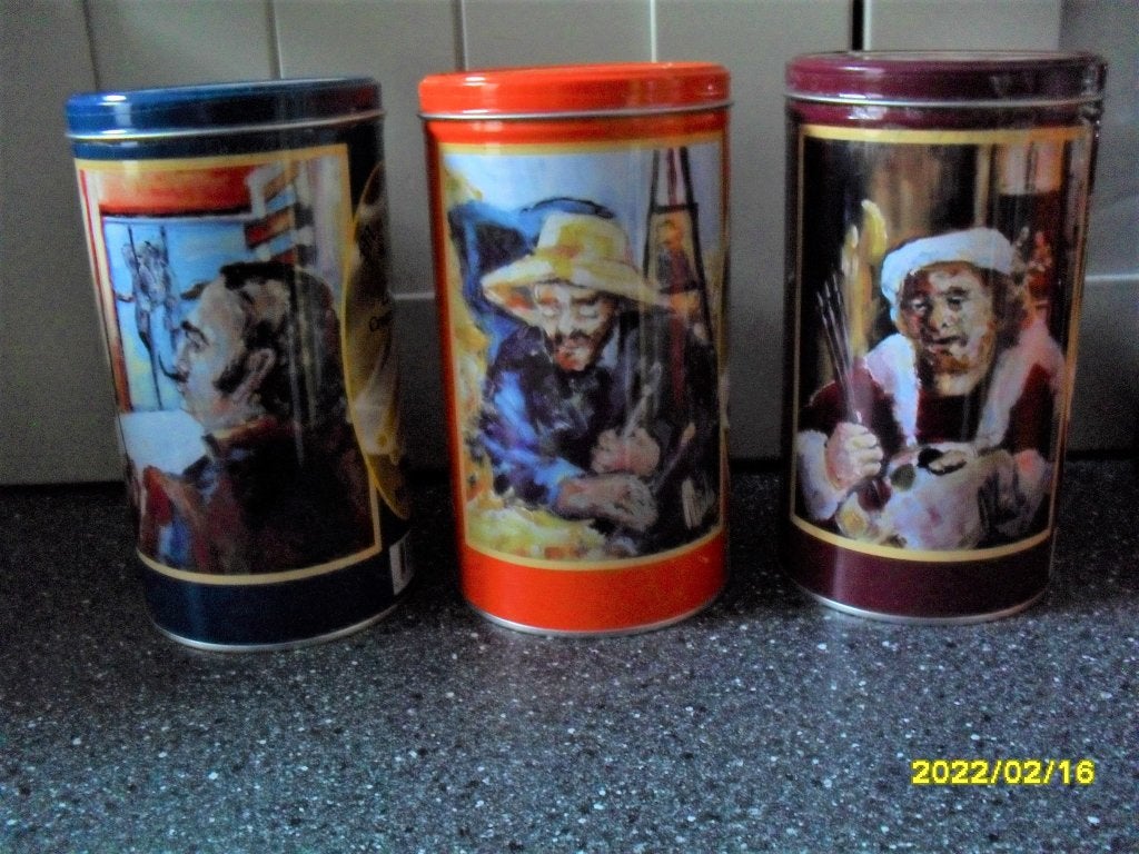 3 Blikken met de schilders Dali, Van Gogh en Rembrandt, Verzamelen, Blikken, Ophalen of Verzenden, Zo goed als nieuw, Koffie, Overige merken