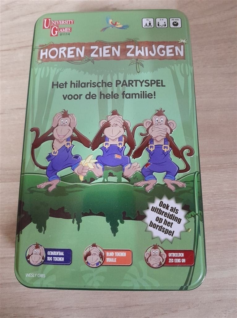 horen zien zwijgen in blik - s4773, Hobby en Vrije tijd, Gezelschapsspellen | Bordspellen, Verzenden, Zo goed als nieuw