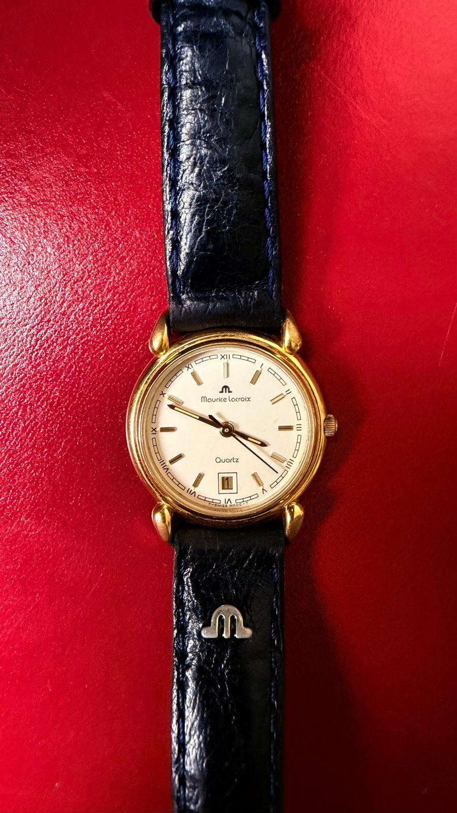 Maurice Lacroix Quartz Horloge - Goudkleurig met blauw bandj, Overige merken, Polshorloge, Ophalen of Verzenden, Goud