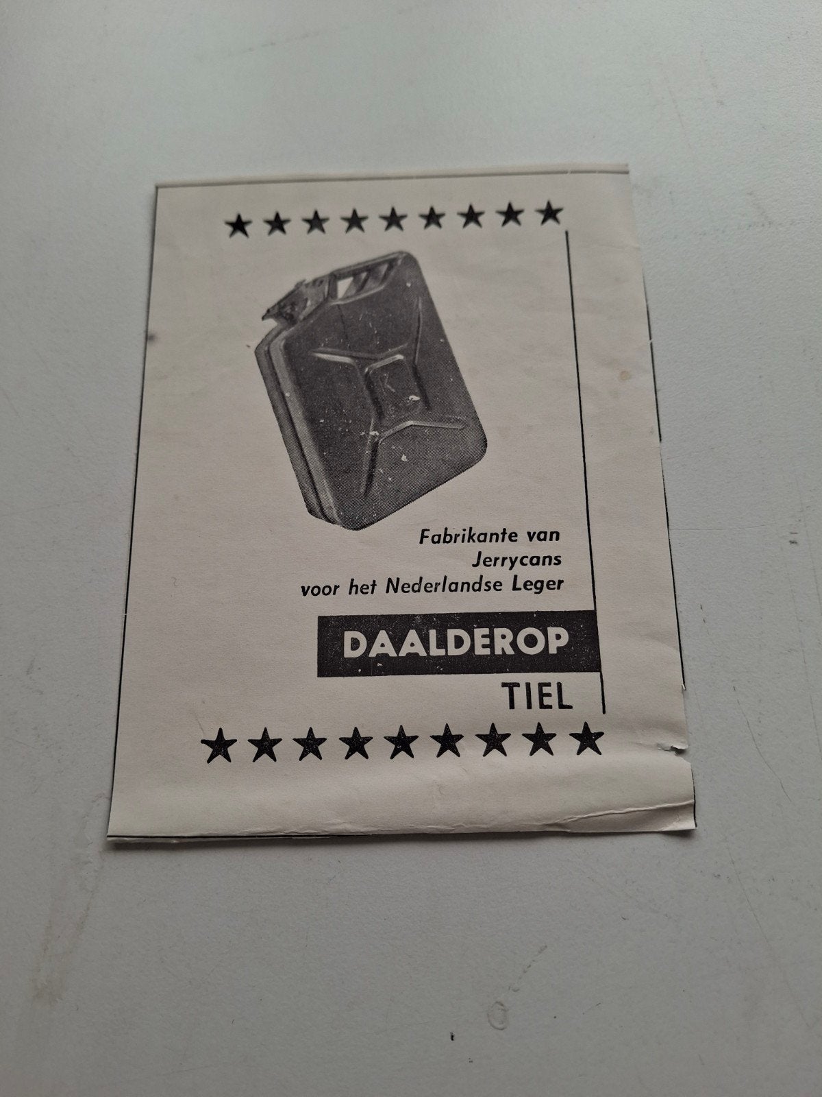 Advertentie Daalderop Tiel jerrycans Ned leger, Ophalen of Verzenden, Nederland, Embleem of Badge