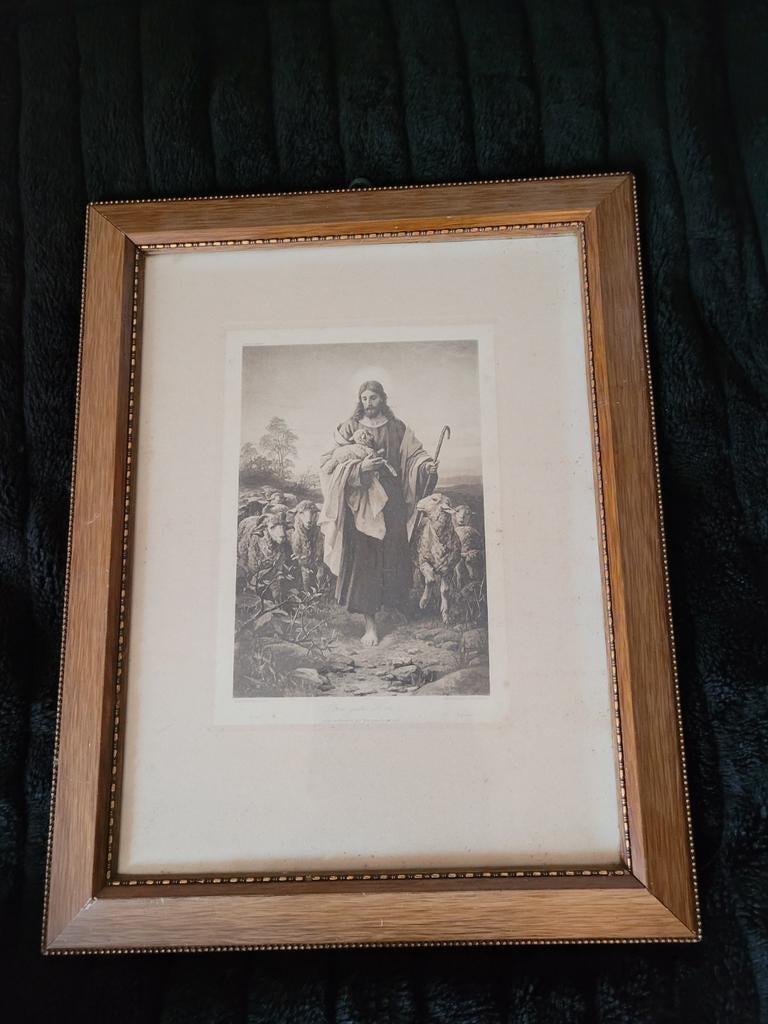Oude prent van Jezus met schapen in lijst de lijst, Antiek en Kunst, Kunst | Etsen en Gravures, Ophalen of Verzenden