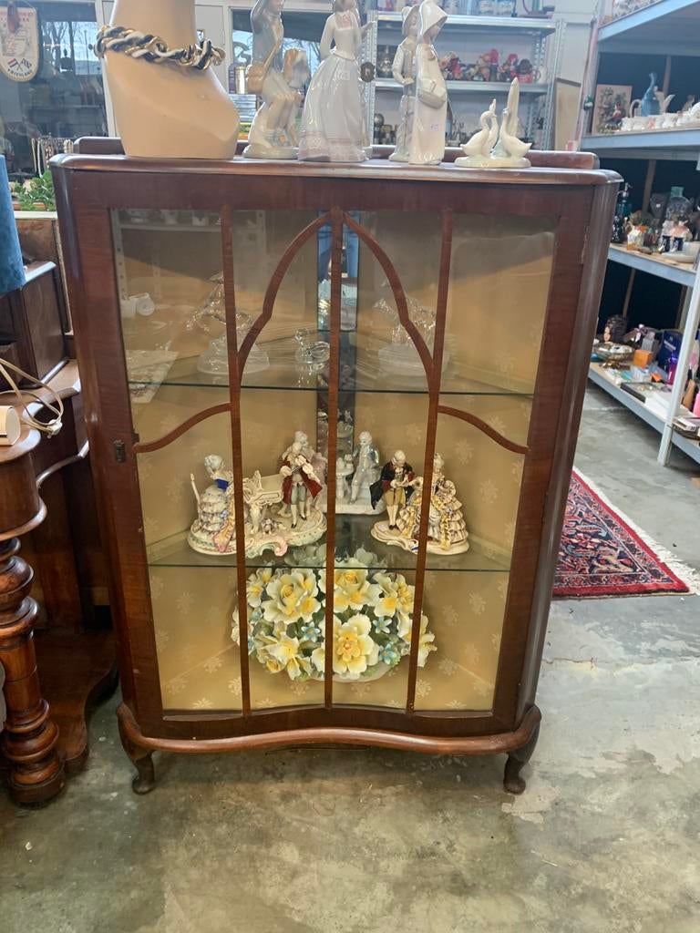 Kast antieke art deco noten hoek vitrine kast vitrinekastje, Huis en Inrichting, Kasten | Vitrinekasten, Ophalen of Verzenden