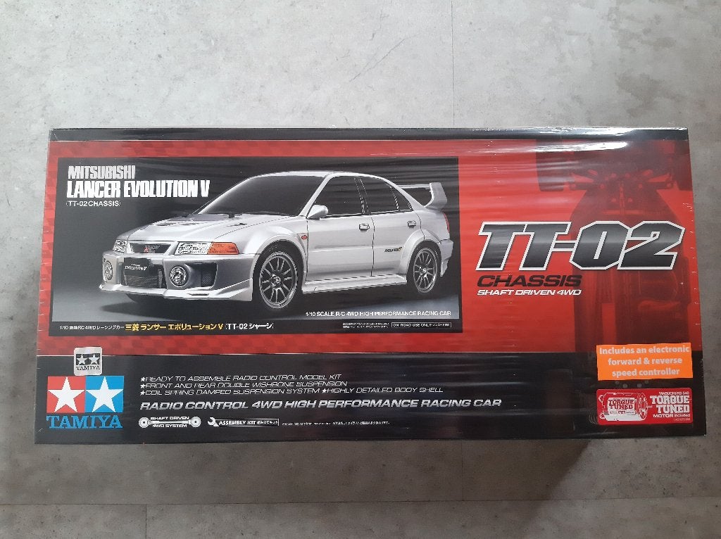 Tamiya 58713 RC Mitsubishi Lancer Evolution V TT-02 Nieuw, Elektro, Nieuw, Ophalen of Verzenden, Schaal 1:10