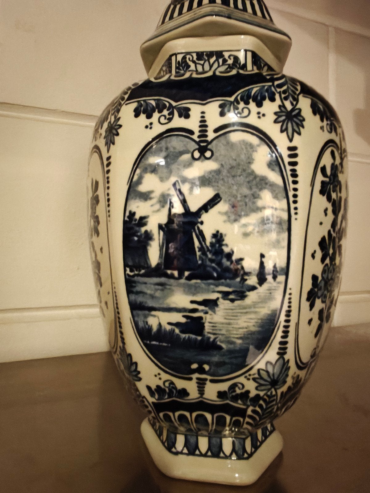 Prachtige Vaas met deksel Delfts Blauw in Top Staat 34 cm, Ophalen of Verzenden