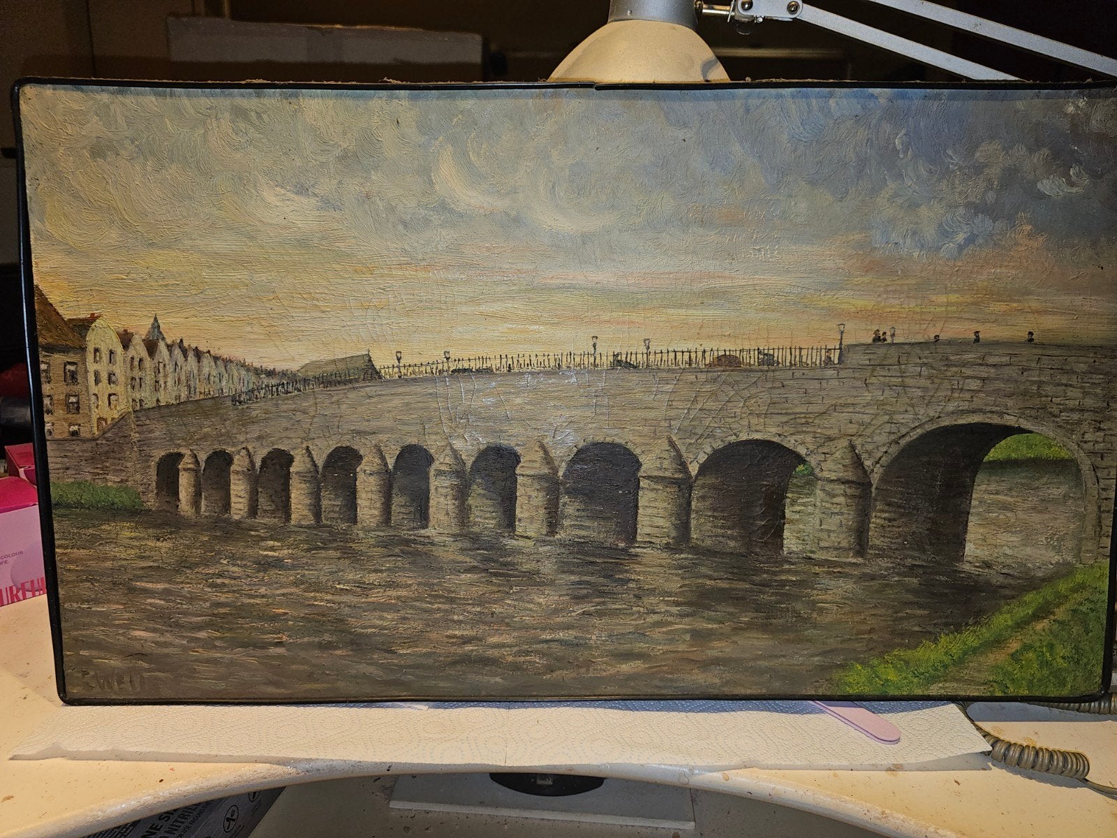 Schilderij Sint Servaasbrug Maastricht 80x40 cm, Antiek en Kunst, Ophalen, Doek, Realistisch, Olieverf