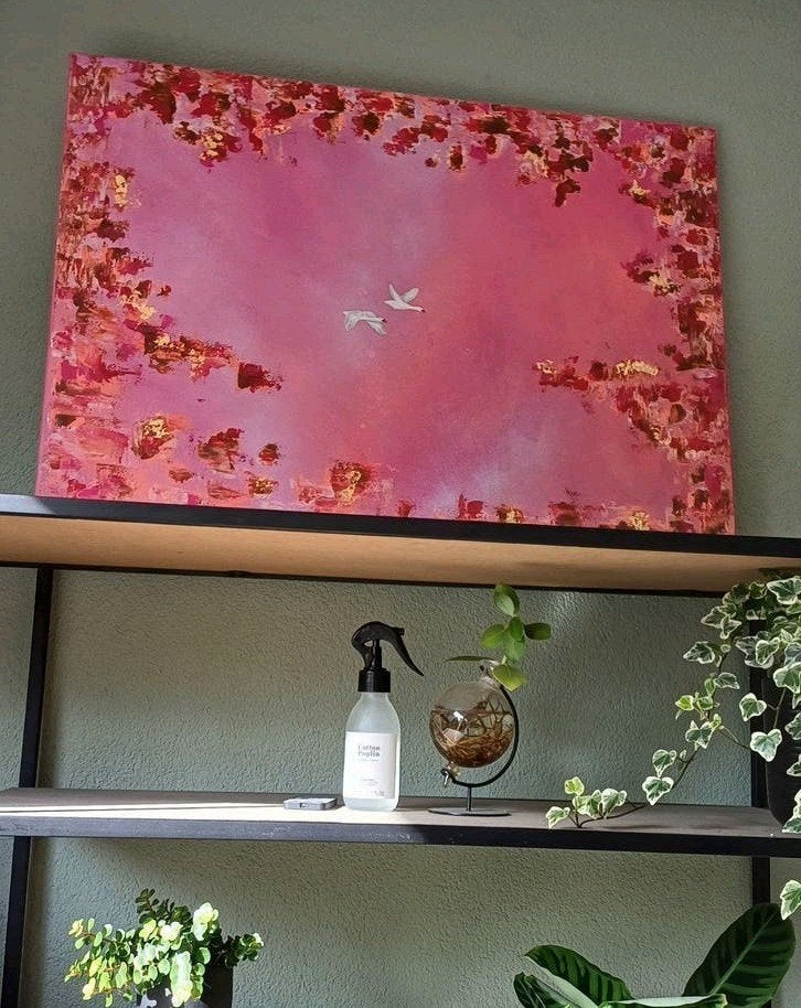 Abstract schilderij met bladgoud vliegende zwanen, Ophalen of Verzenden