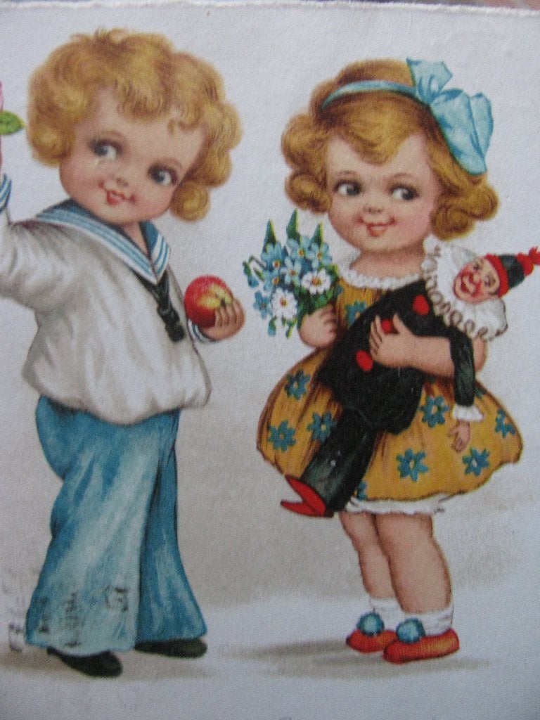 Antieke Kaart uit 1929 - Kinderen met Clown Pop / Bloemen, Verzenden, 1920 tot 1940, Gelopen, Kinderen