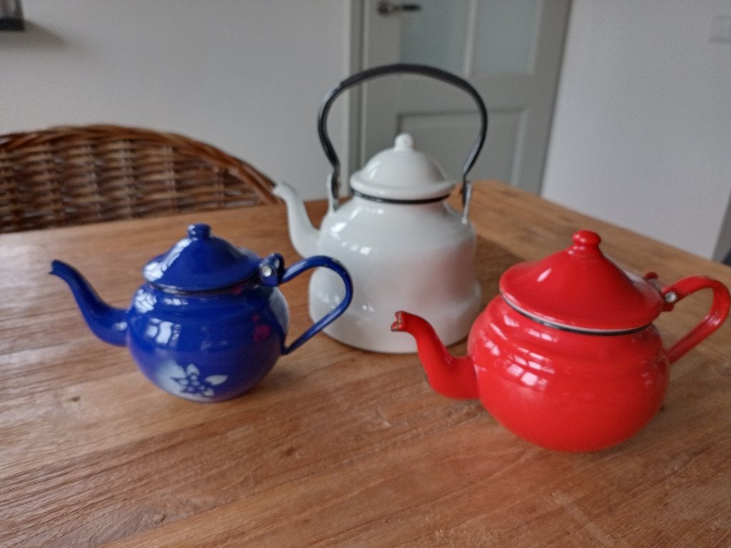 emaille theepotjes/waterketel rood/wit/blauw, Ophalen of Verzenden