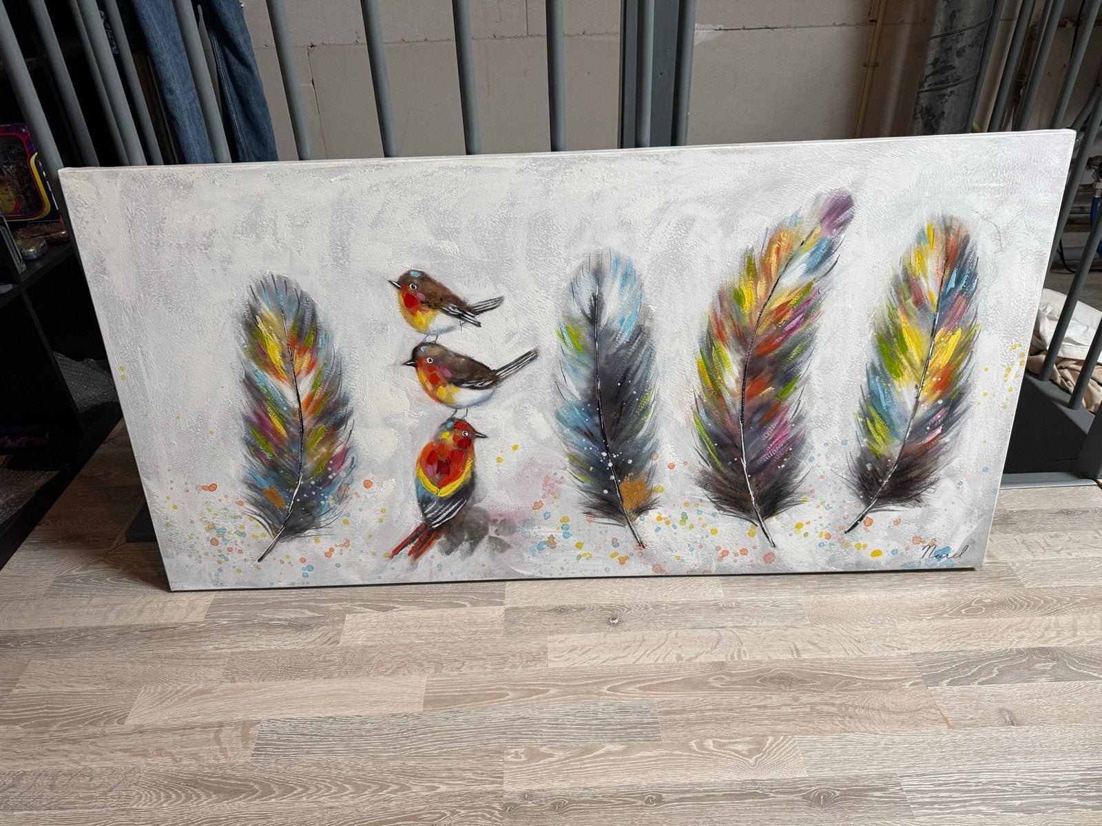 Schilderij vogels en veren 70x140, Ophalen, Acrylverf, Handgeschilderd, Dieren