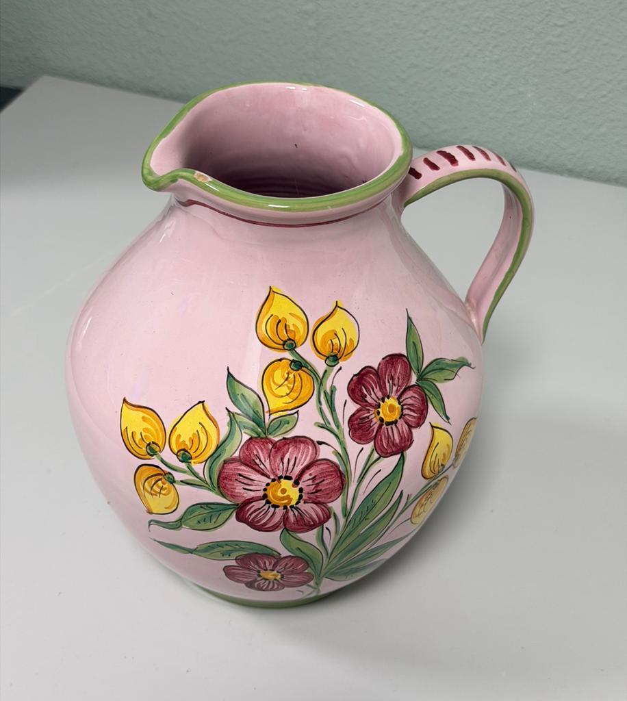 Vintage handgeschilderd keramieke kan roze bloemmotief GROOT, Ophalen of Verzenden