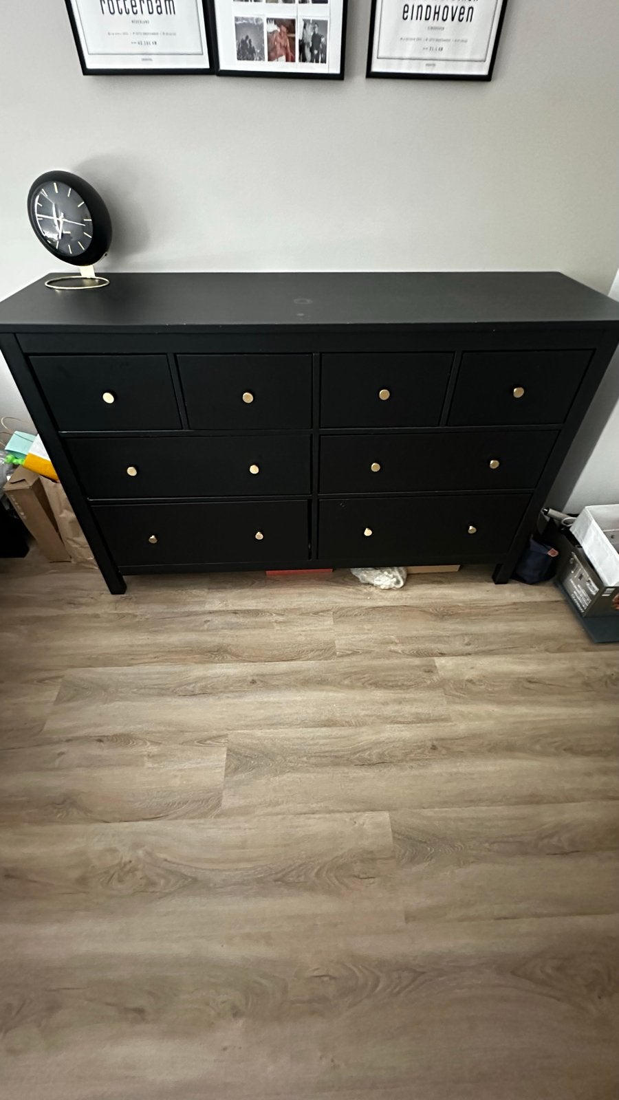 IKEA Commode / Ladekast - Zwart met gouden knoppen, Gebruikt, 100 tot 150 cm, 5 laden of meer, Ophalen of Verzenden