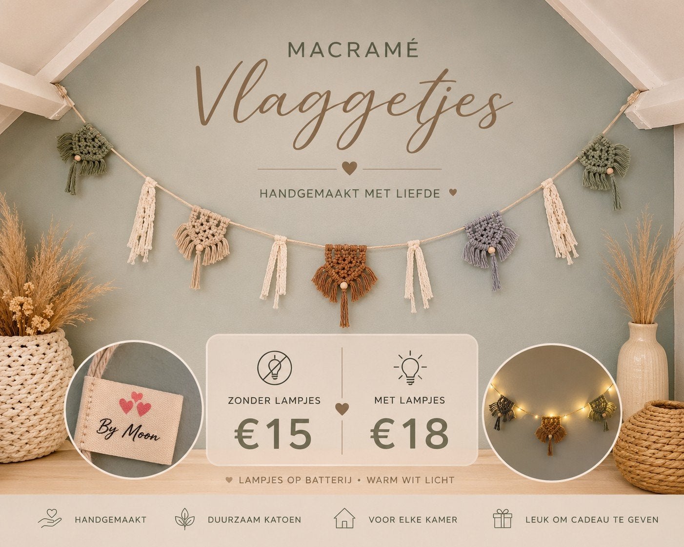 Handgemaakte Macramé Vlaggetjes Slinger - Boho Decoratie, Meerkleurig, Boho, Nieuw, Ophalen of Verzenden