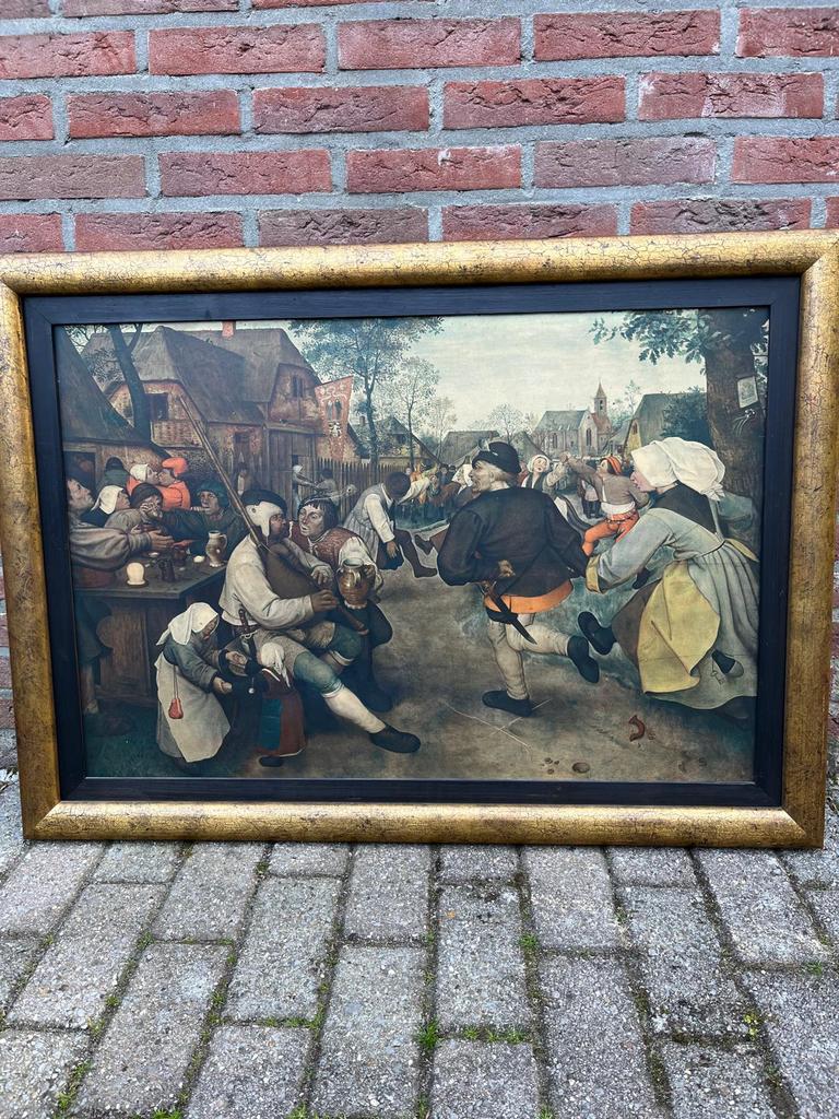Grote ingelijste kunstdruk “Boerendans – Bruegel stijl”, Antiek en Kunst, Kunst | Schilderijen | Klassiek, Ophalen of Verzenden