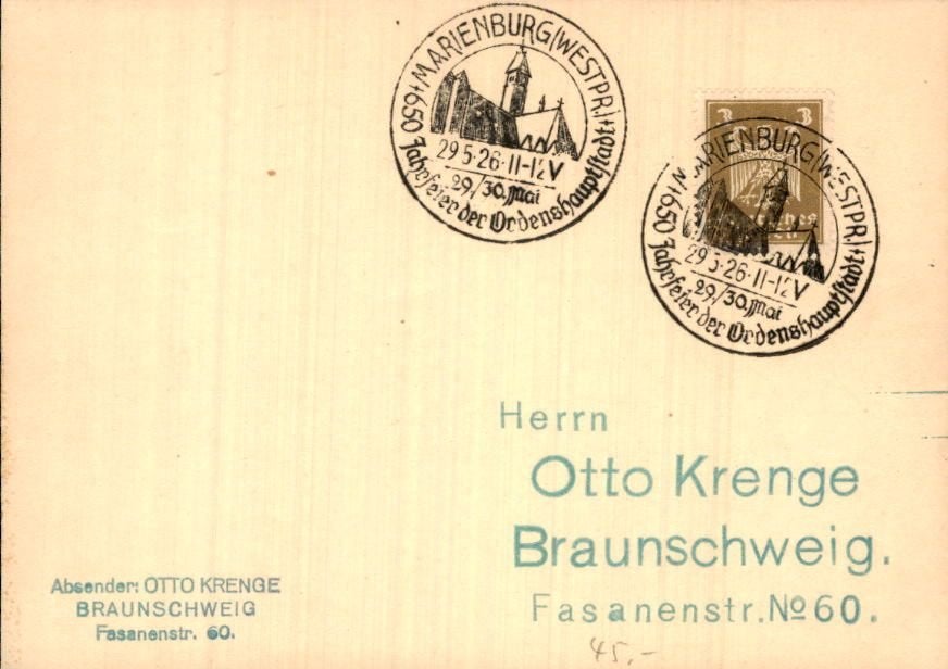 Derde Rijk - Stempels - Marienburg - 1926, Verzenden, Briefkaart