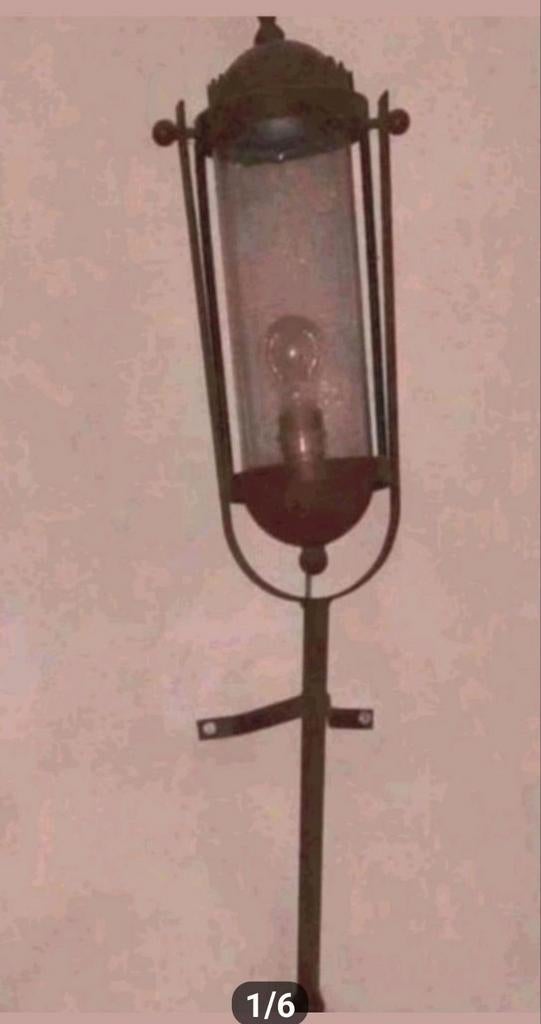 2 bruine smeedijzeren lantaarn wandlampen 95 cm hoog, Ophalen, Zo goed als nieuw, Glas, Brocante