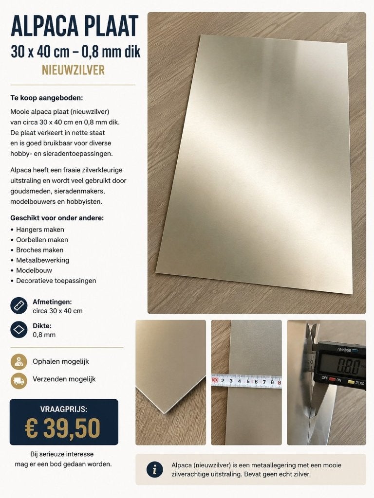 Alpaca plaat 30 x 40 cm – 0,8 mm dik – zilver, Ophalen of Verzenden, Nieuw, Overige typen