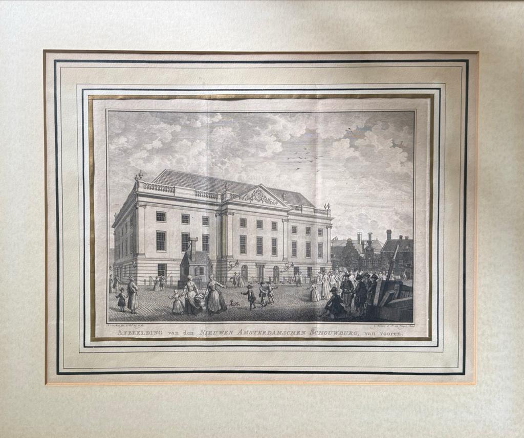 Kopergravure Nieuwe Amsterdamse Schouwburg, 1774, Antiek en Kunst, Ophalen, Ingelijst, Stadsgezicht, Gravure