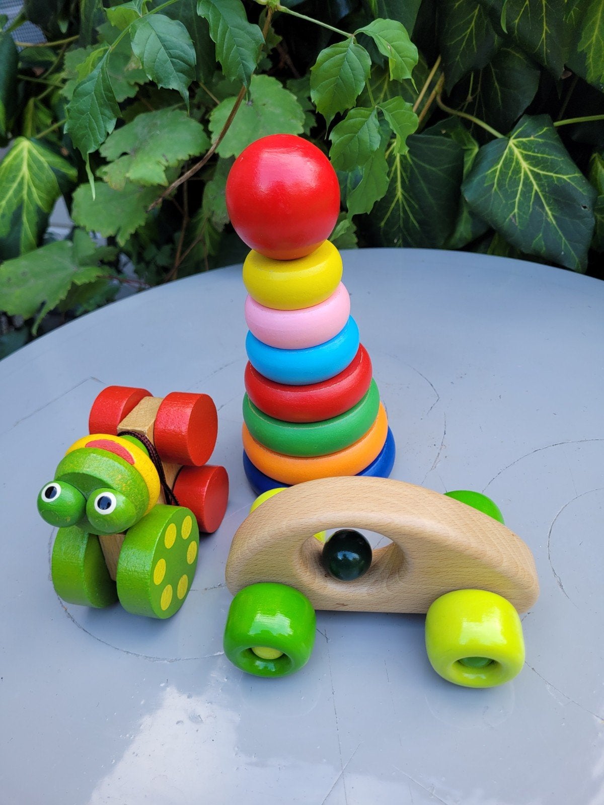 Houten speelgoed set: stapeltoren, auto en trekdier, Ophalen of Verzenden, Zo goed als nieuw