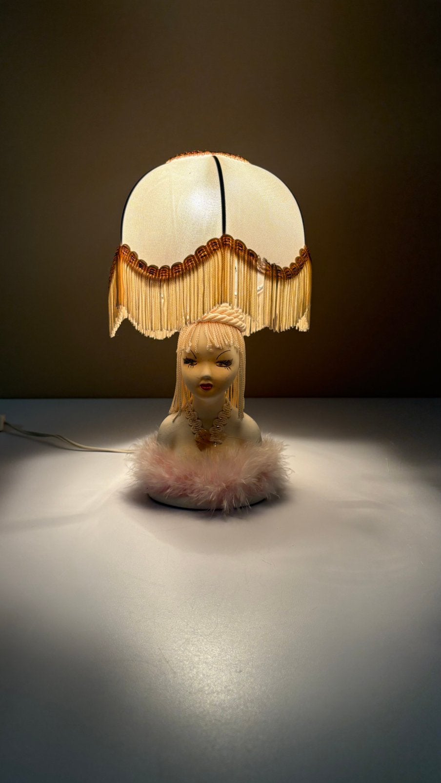 Vintage Burlesque buste nachtlamp keramiek franjes veertjes, Vintage, Met schakelaar, -, E27 (groot)
