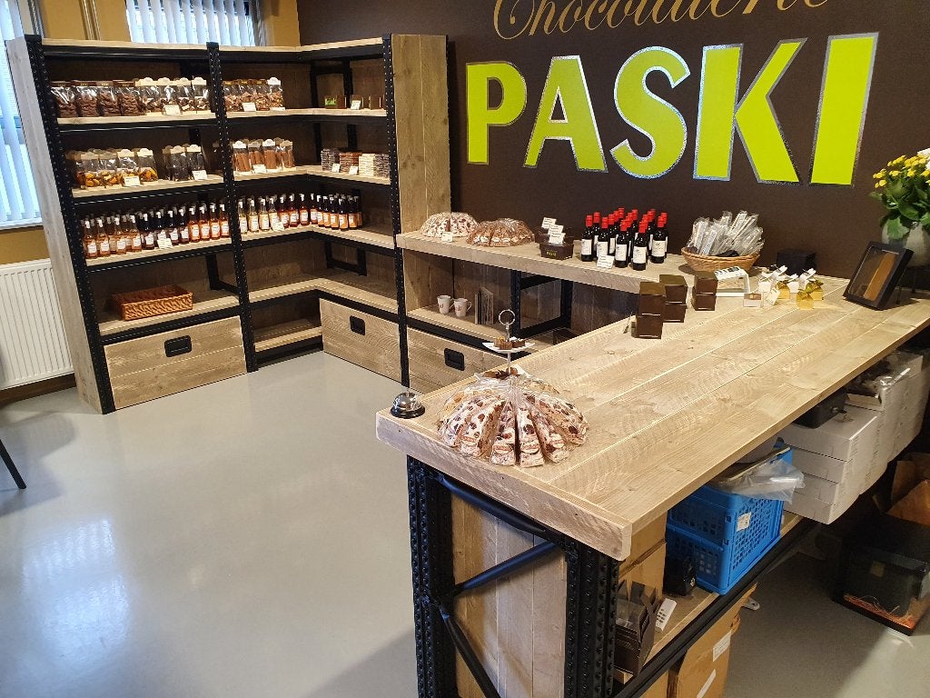 Unieke winkelinrichting industrieel van steigerhout en staal, Ophalen, Nieuw