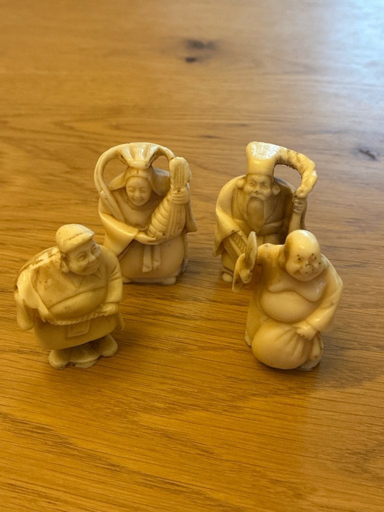 4 Japanse netsuke figuren – Hotei/Benten – vintage, Verzenden