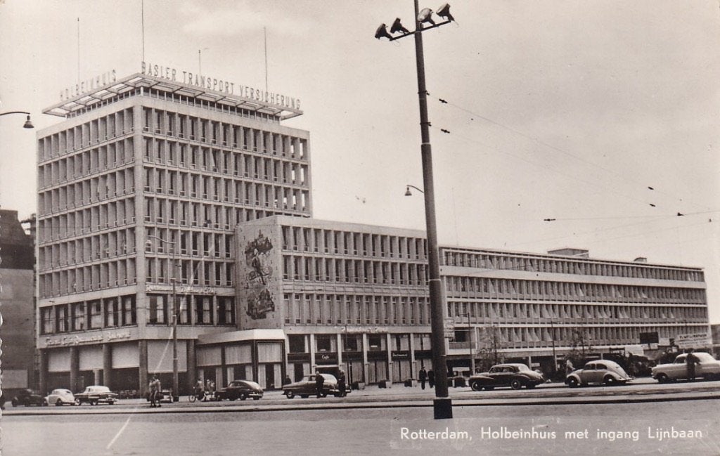 755H Rotterdam Coolsingel hoek Stadhuisplein, Holbeinhuis, Verzamelen, Ophalen of Verzenden, 1940 tot 1960, Ongelopen, Zuid-Holland