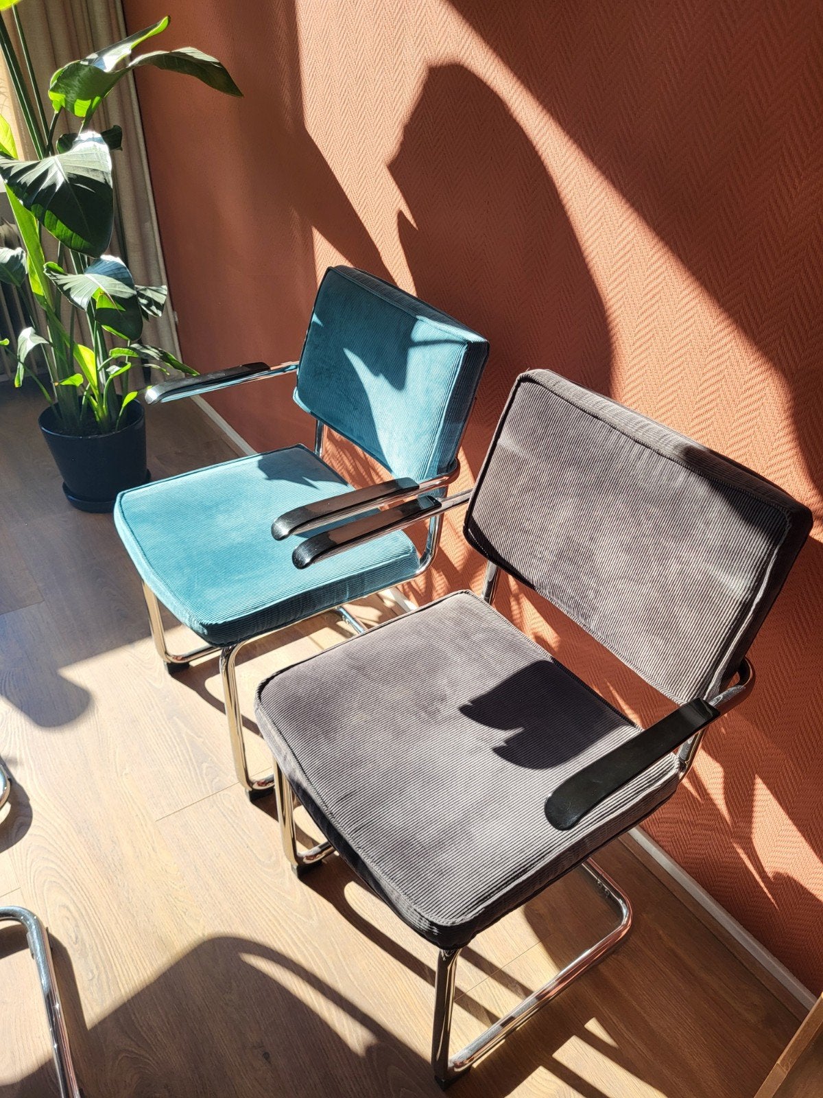 Set van 2 Vintage Corduroy Stoelen - Blauw & Grijs, Ophalen, Gebruikt, Twee, Overige kleuren