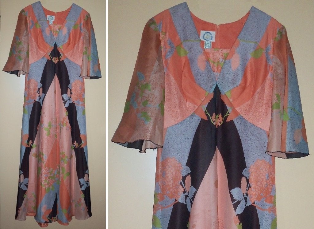 Lange jurk, korte mouw, oranje - bruin, maat 38., Maat 38/40 (M), Galajurk, Oranje, Ophalen of Verzenden