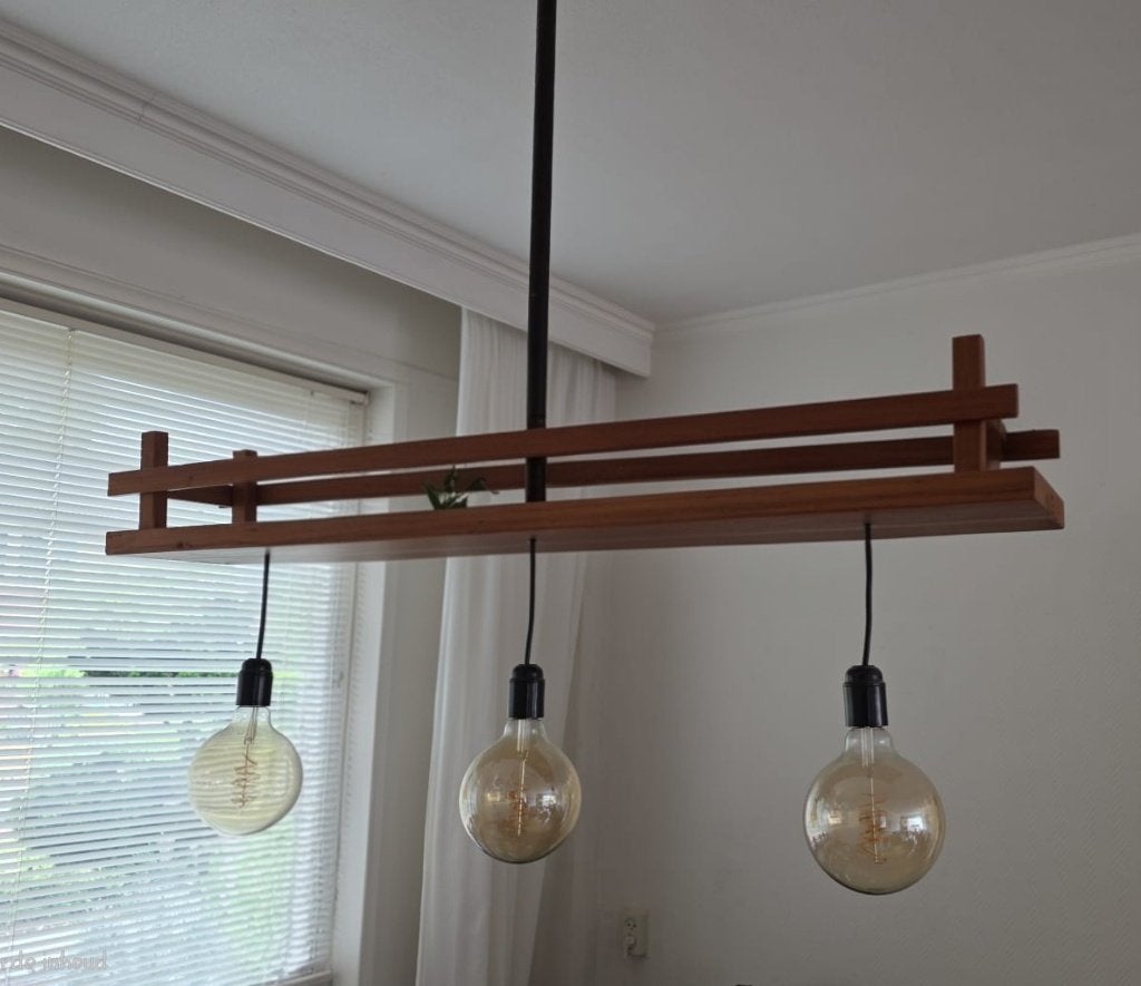 Retro houten hanglamp / eettafellamp – echte sfeermaker!, Ophalen, Gebruikt, Hout, Minder dan 50 cm