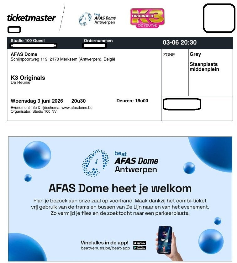 K3 Originals 03/06 - 2 tickets middenplein, Tickets en Kaartjes, Evenementen en Festivals, Twee personen