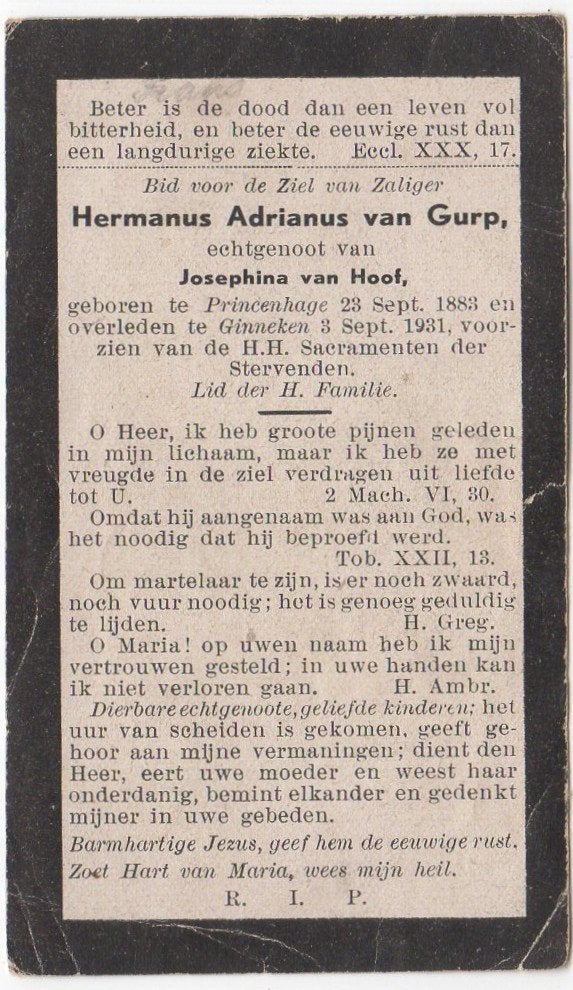 Hermanus A. van Gurp 1883 Princenhage + 1931 Ginneken, 47 jr, Verzenden