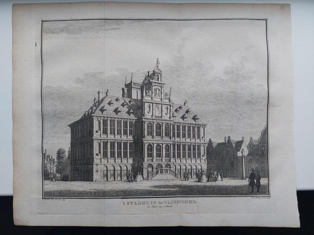 12 / Stadhuis Vlissingen Gravure uit 1747 door J.C. Philips, Ophalen of Verzenden