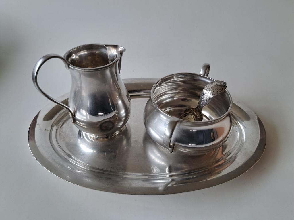 Verzilverd Roomstel met Dienblad, Antiek en Kunst, Antiek | Goud en Zilver, Ophalen of Verzenden