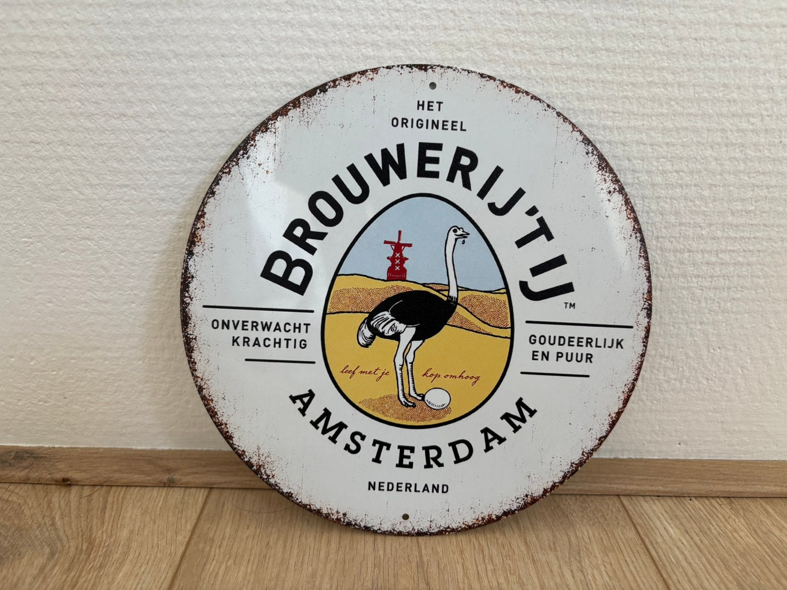 Prachtig rond vintage reclamebord Brouwerij ‘t IJ (20x20), Ophalen of Verzenden, Gebruikt, Reclamebord