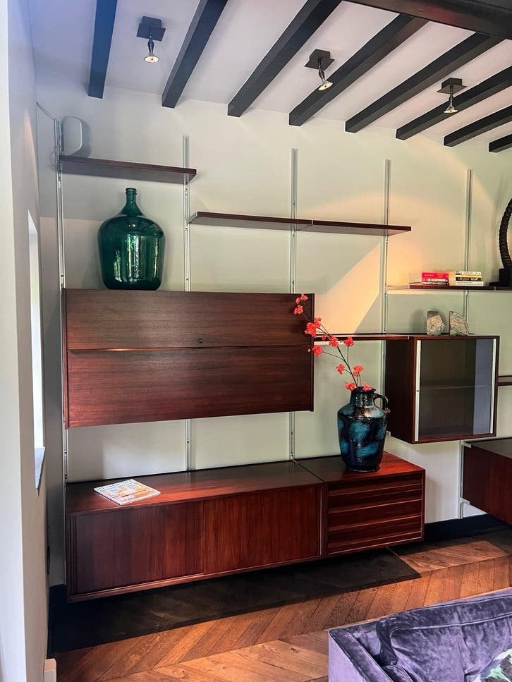 Italiaanse Modulaire Palissander Boekenkast/Wandmeubel, Ophalen, Zo goed als nieuw, 200 cm of meer, Met lade(s)