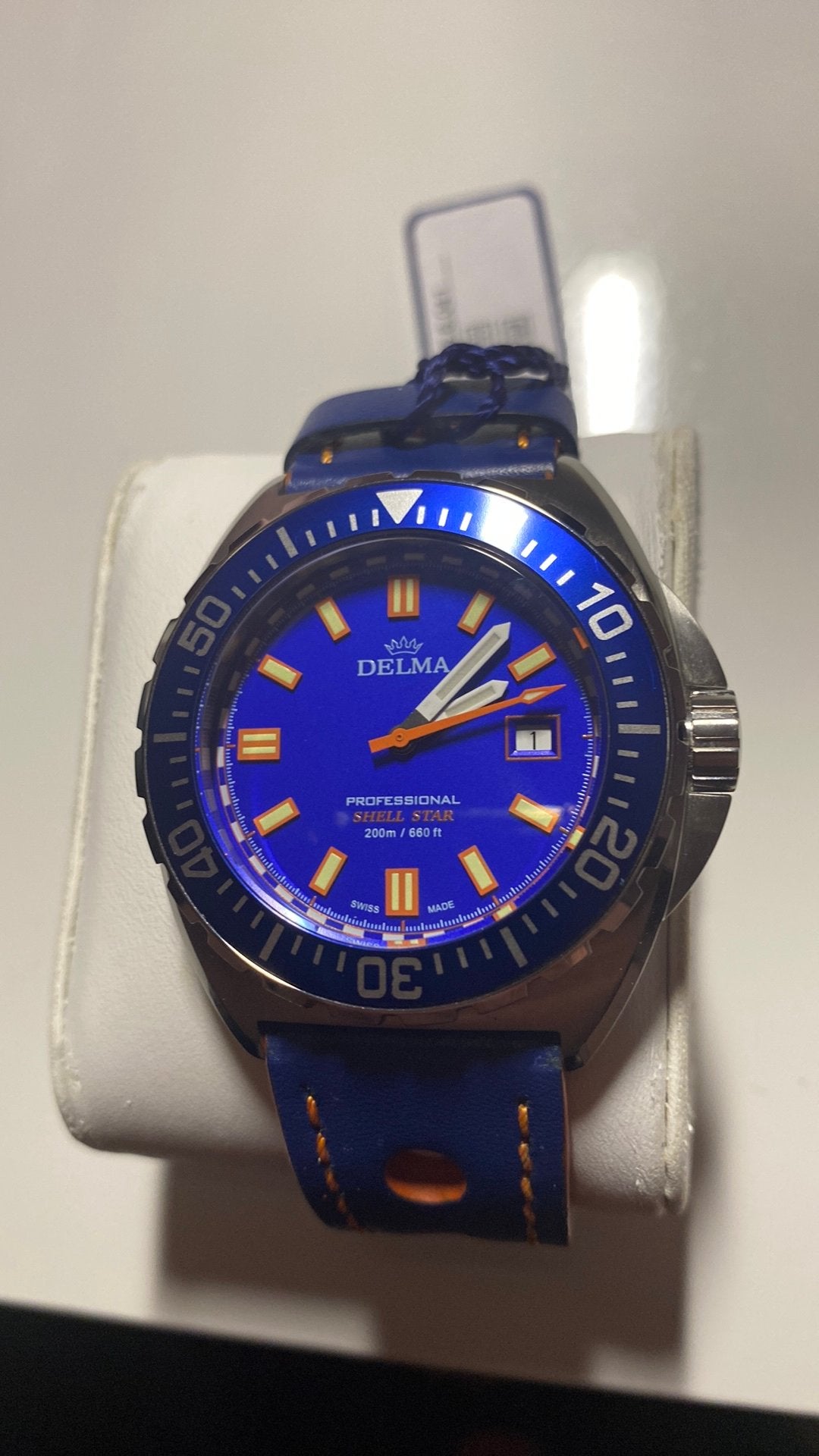 Delma Shell Star Quartz.Blauw/Oranje, Blauw, Ophalen of Verzenden, Zo goed als nieuw, Waterdicht