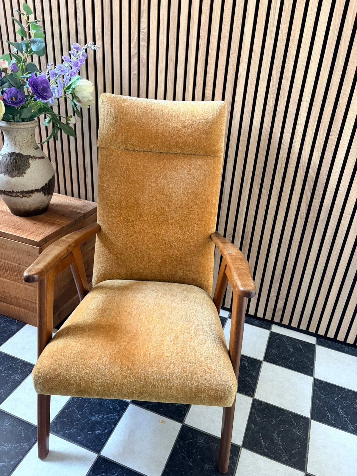 Mid-century fauteuil Skandinavisch design, Ophalen, Hout, Gebruikt, 75 tot 100 cm