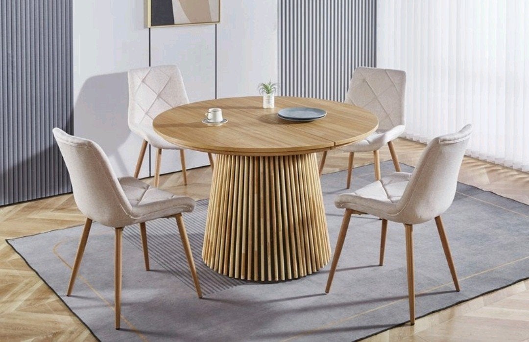 Ronde uitschuifbare eettafel KEANU eikenhout, Antiek en Kunst, Ophalen of Verzenden