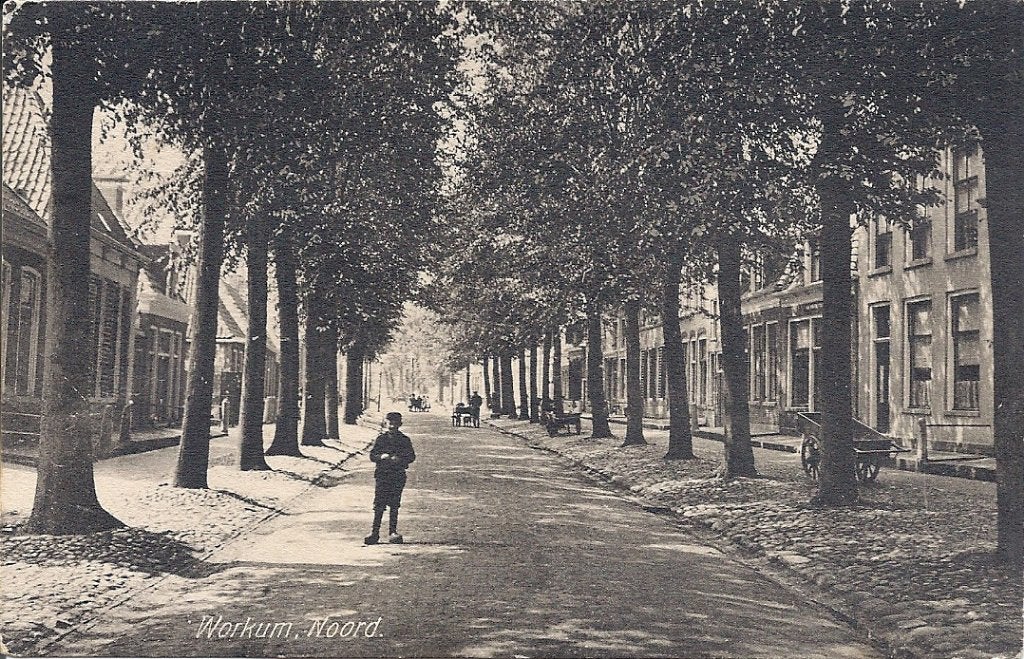 Workum Noord mooie straat met bomen en jongen 1924, Verzamelen, Verzenden, 1920 tot 1940, Friesland