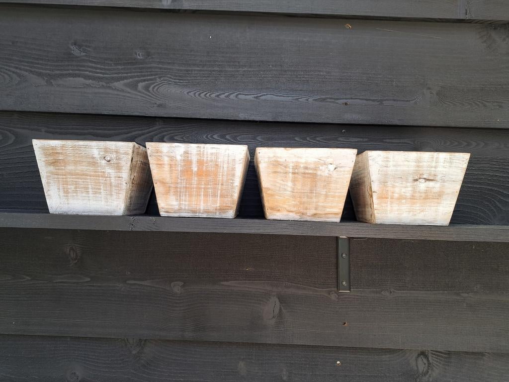 4 Houten bakjes/potjes white wash 10x10 cm, Minder dan 30 cm, Minder dan 60 cm, Vierkant, Nieuw