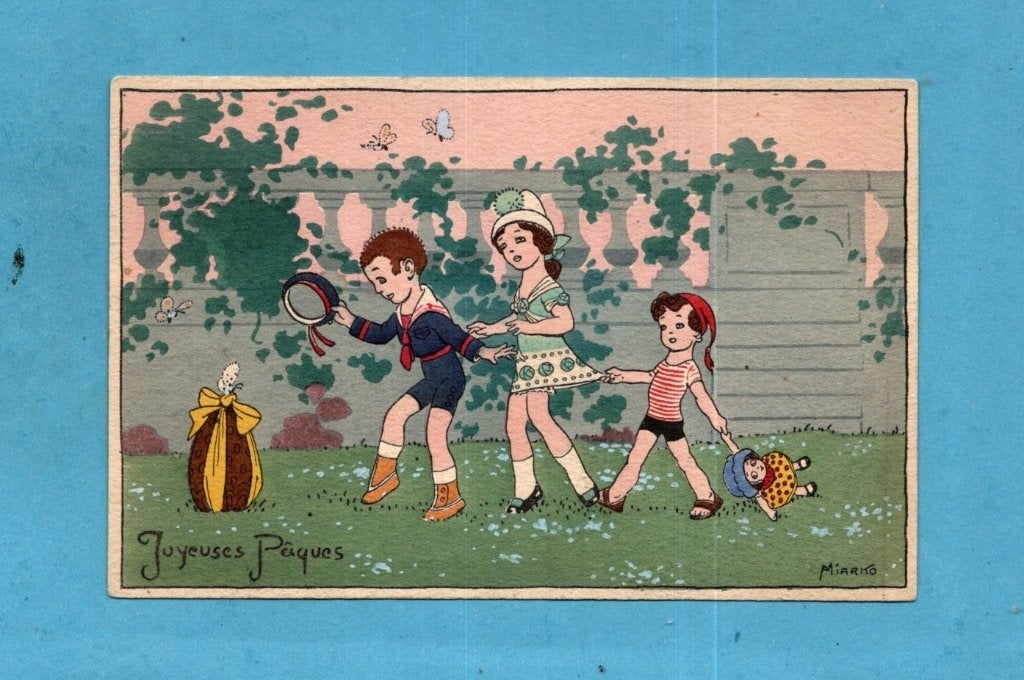 Mooie oude gesigneerde Art Deco paaskaart met kinderen M795, Ophalen of Verzenden, 1920 tot 1940, Ongelopen, Kinderen