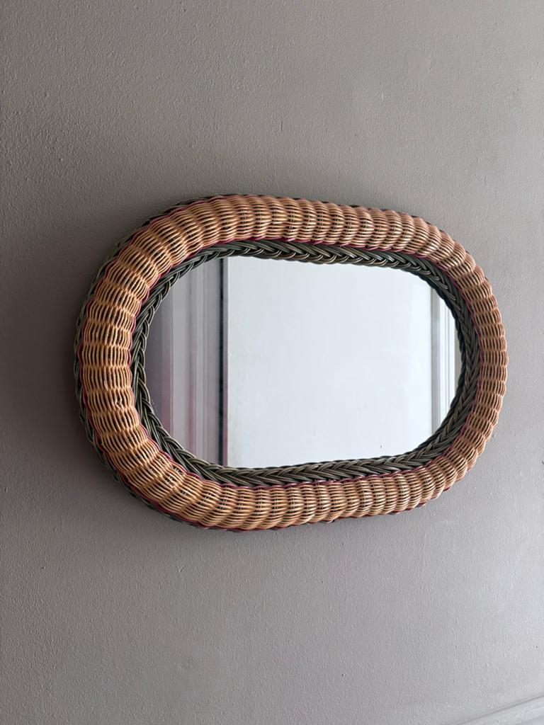 Vintage rotan spiegel ovaal - boho / retro stijl, Antiek en Kunst, Ophalen of Verzenden, Ovaal, Minder dan 50 cm, Minder dan 100 cm