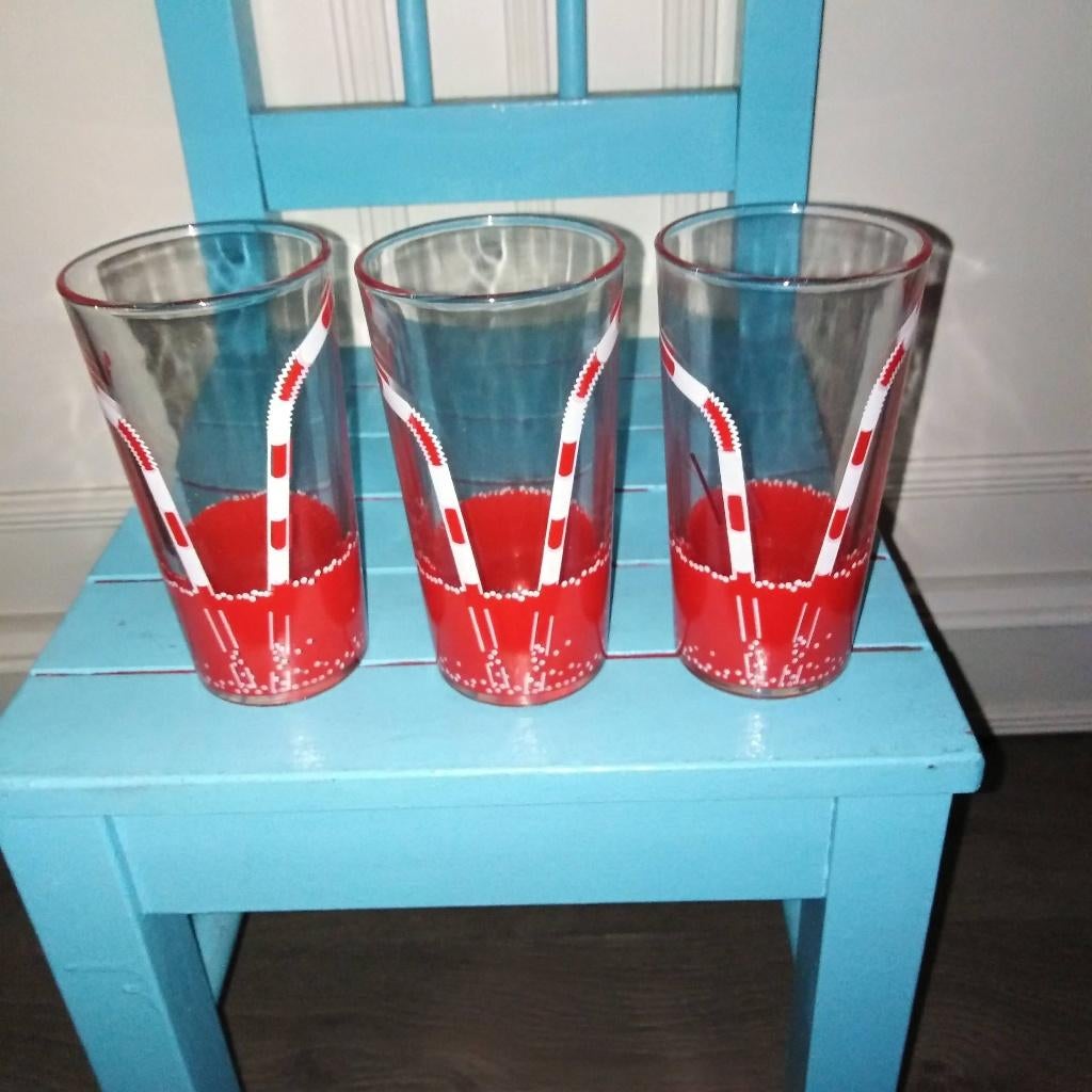 Limonade glaasjes met afbeelding rietjes 3 stuks, Ophalen, Glas of Glazen, Gebruikt, Glas