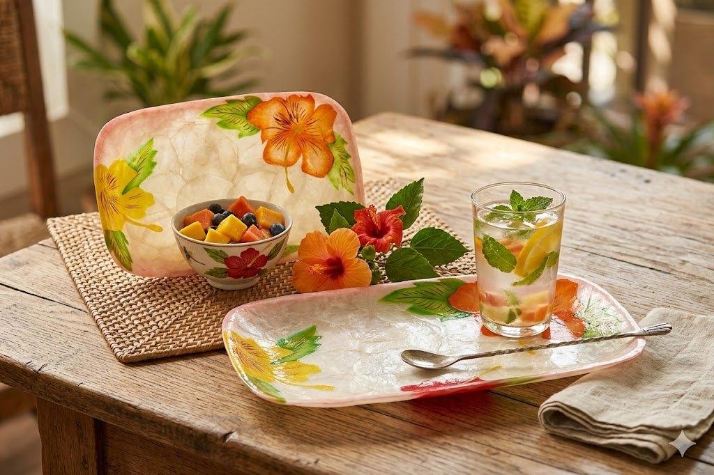 Capiz schelpen schaal met tropische bloemen – 22 x 14,5 cm, Overige materialen, Schaal, Nieuw, Ophalen of Verzenden