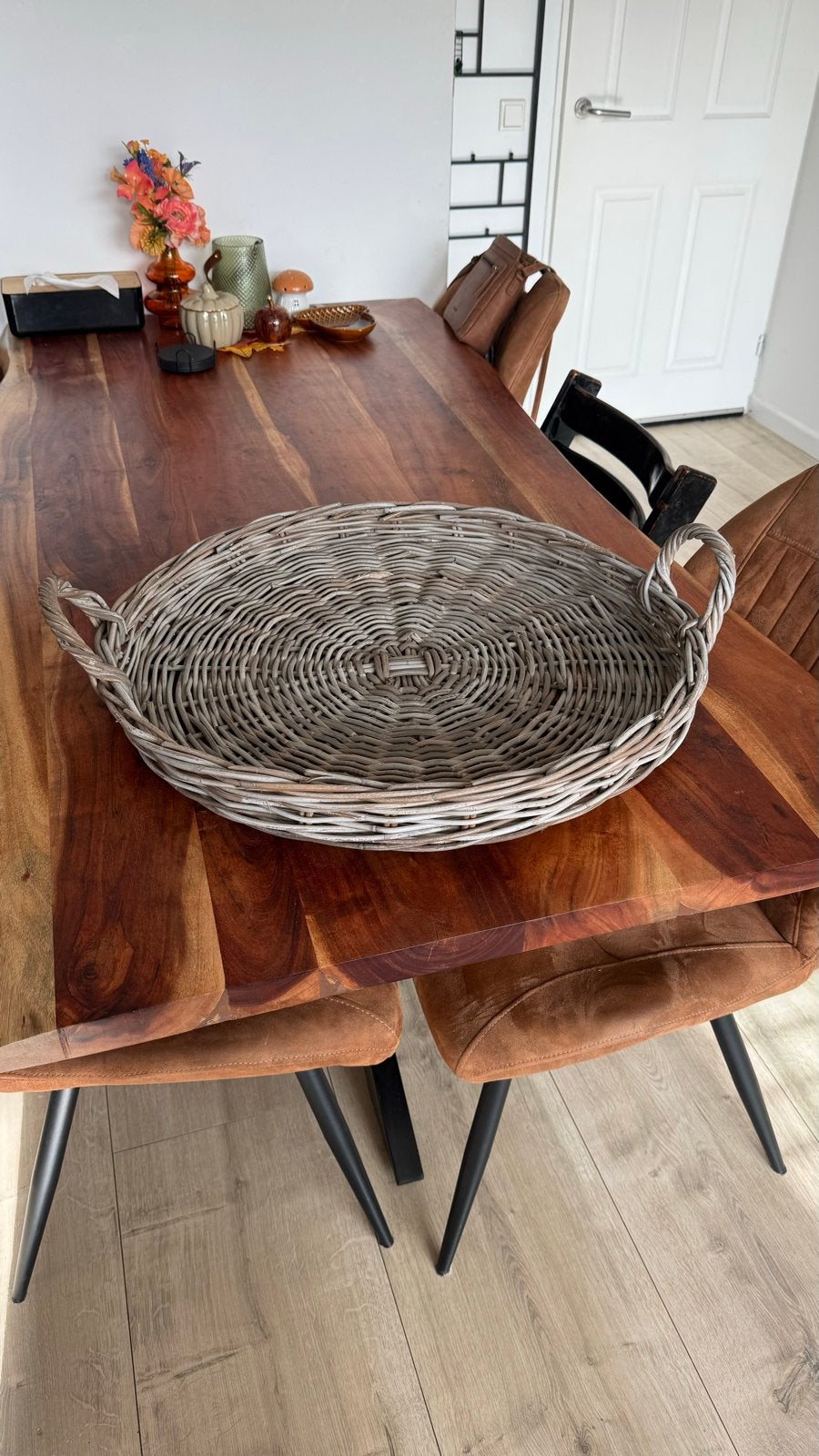 Grote ronde rieten dienblad met handvatten, Huis en Inrichting, Ophalen, Gevlochten, Rond, Zo goed als nieuw