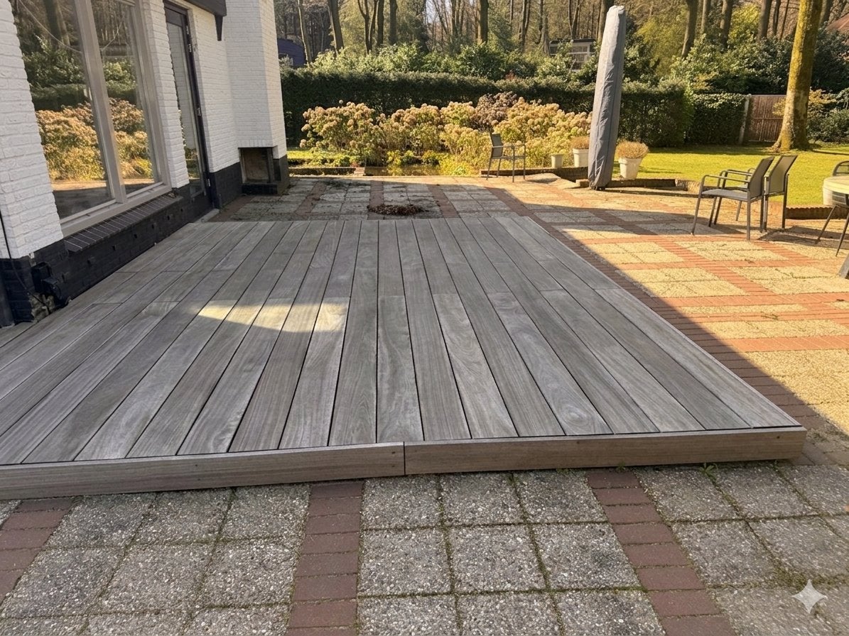 Circa 30m2 Padouk houten vlonder met blinde bevestiging, Ophalen, Zo goed als nieuw, Hout