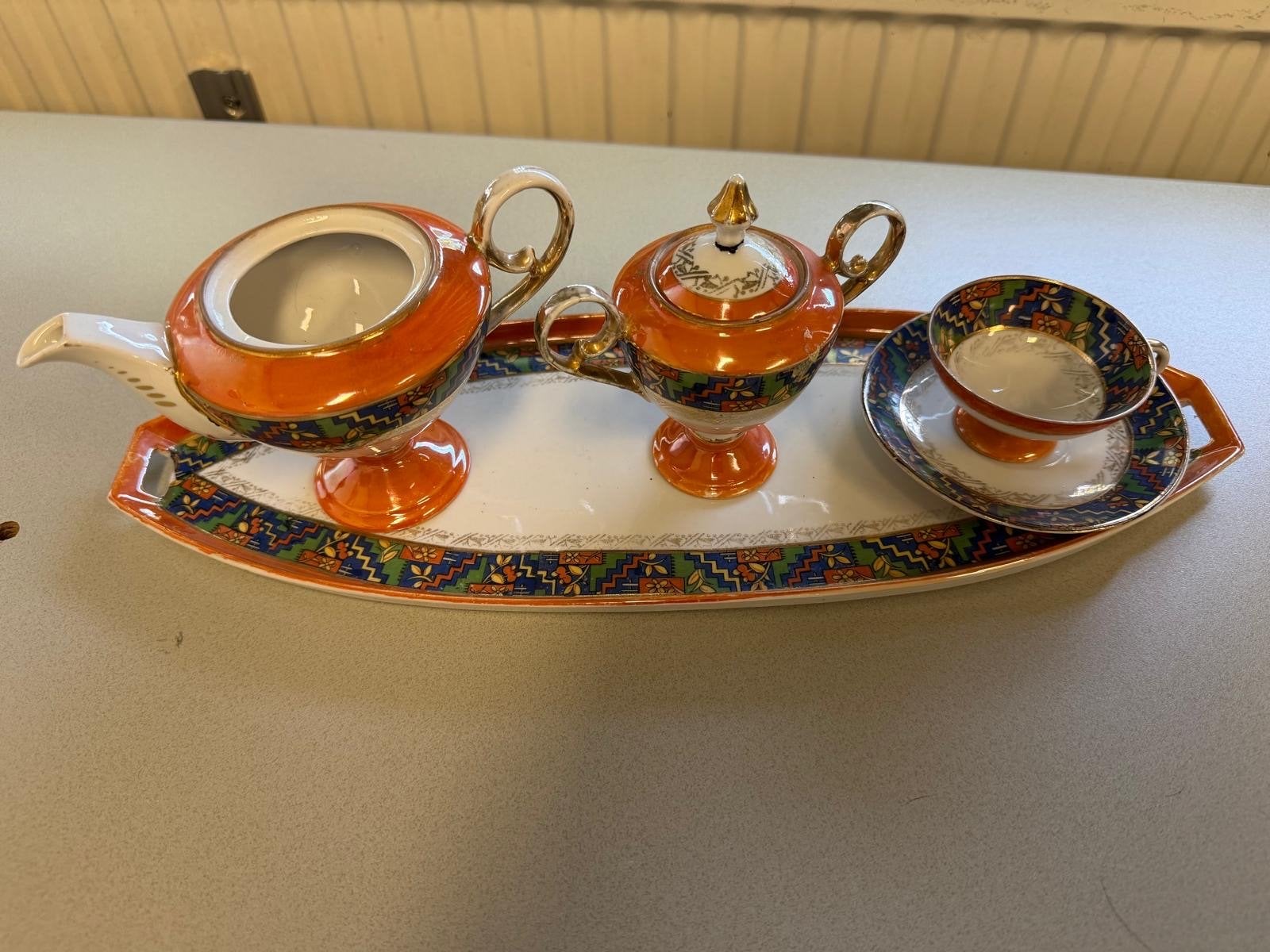 Vintage Oranje Theeservies met Dienblad, Antiek en Kunst, Ophalen